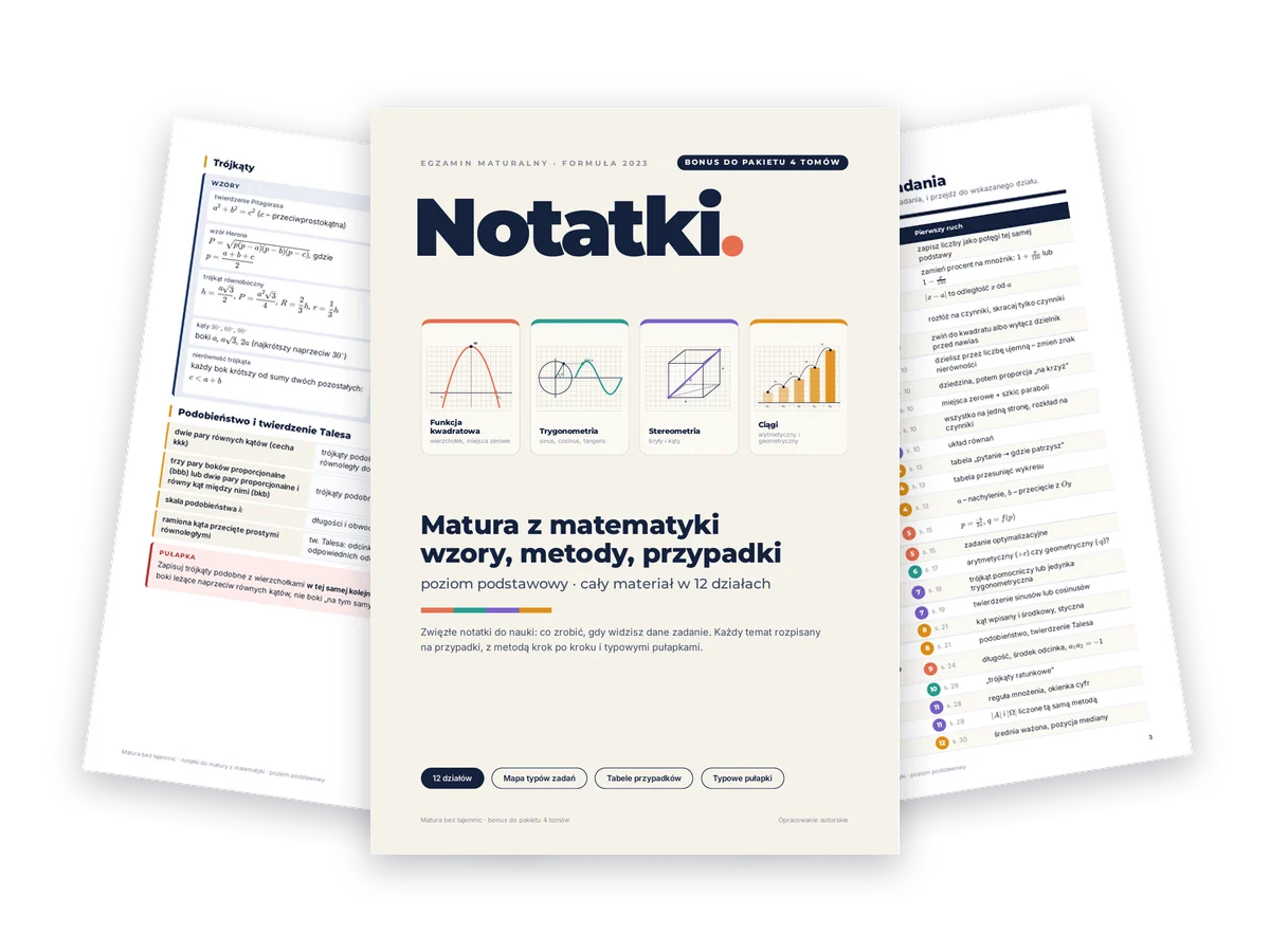 Okładka i przykładowe strony notatek pomocniczych Matura bez tajemnic